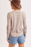 CROCHET PATCH SLEEVED HALF BUTTON ROUND NECK TOP: IVORY / S
