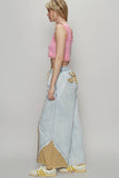 Contrast buckle back detail floral trim down woven pants: STRIPE DENIM / L