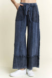 MineralWash Wide Pants with raw hem frayed details HP5536: Natural / S-M-L / 2-2-2