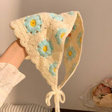 French Retro Hand-knitted Sweet Crochet Headscarf: Red_Flower / M