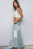 Floral pattern denim patchwork detail woven skirts: DENIM MULTI / S