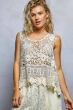 Round Neck Sleeveless Crochet Scalloped Opening Top: NATURAL / Os