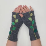 Fingerless Cashmere Gloves-Leaves: Grey / One Size Fits Most