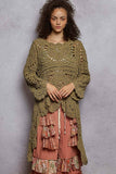 Long sleeve round neck chenille varied crochet sweater top: CREAM / SM