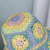 Granny Square Sun Hat Floral Straw Bucket Hat: CYellow / M