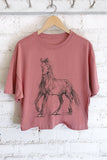 HORSE SKETCH GRAPHIC LONG CROP TOP : KHAKI