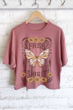 FREE SPIRIT BUTTERFLY GRAPHIC LONG CROP TOP: STONE
