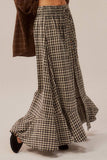 Woven Plaid Button-Front Ruffle-Hem Drawstring Maxi Skirt: Chocolate / L