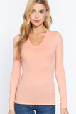 Basic Solid Long Sleeve V Neck Top: CELADON GREEN / 2-2-2 (S-M-L)