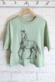 HORSE SKETCH GRAPHIC LONG CROP TOP : KHAKI