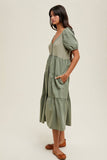 PUFF SLEEVE BUTTON-UP MIDI DRESS / WL25-10536: OLIVE / S