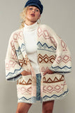 Western Geometric Mountain Pattern Oversized Knit Cardigan: IVORY