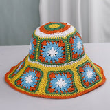 Granny Square Sun Hat Floral Straw Bucket Hat: CYellow / M
