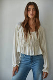 L8474 | Woven Cotton Long Cap Sleeve Smocked Blouse : Ivory / L