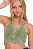 ,.._ SI-25407 Washed Seamless rib snap button crop tank w/ cut-ou: RUST-165371 / S/M