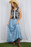 Ruffle Frayed Hem Chambray Casual Western Maxi Skirt VS83151: Washed Denim / L
