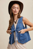 Denim Tie-Front Vest: Washed Cobalt / M
