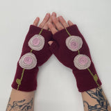 Fingerless Cashmere Gloves-Double Blooming Rose: Aqua on Beige / One Size Fits Most