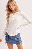 CROCHET PATCH SLEEVED HALF BUTTON ROUND NECK TOP: IVORY / M