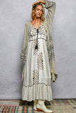 V-Neck Solid Stripe Linen Long Sleeve Cardigan: NATURAL MULTI / L