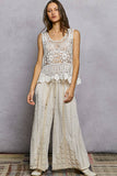 Round Neck Sleeveless Crochet Scalloped Opening Top: NATURAL / Os