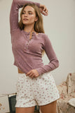 WASHED LONG SLEEVE RIBBED HENLEY KNIT TOP: LIGHT OLIVE