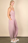 NP70837-Mineral Washed Cotton Gauze Casual Jumpsuit: SAGE / S-M-L/2-2-2