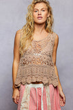 Round Neck Sleeveless Crochet Scalloped Opening Top: NATURAL / Os