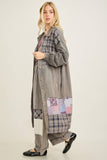 Mineral Washed Boho Plaid Patched Long Fall Jacket HT6861: Chocolate / S-M-L / 2-2-2