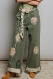 Floral Patchwork Rolled-up Denim Straight Pants: DENIM / M