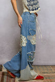 Floral Embroidered Patches Butterfly Patchwork Woven Pants: BLACK STRIPED MULTI / M