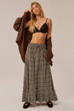 Woven Plaid Button-Front Ruffle-Hem Drawstring Maxi Skirt: Chocolate / L