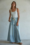 BD283 | Denim Drawstring Waist Band Wide Leg Pants: Light Denim / S