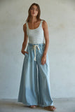 BD283 | Denim Drawstring Waist Band Wide Leg Pants: Light Denim / S