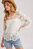 BOHO SHEER CROCHET 3/4 SLEEVED TOP WITH NO LINING: NATURAL / L