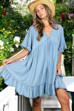 V-Neck 100%Tencel Chambray Tiered Dress VD81038A: Light Denim / S
