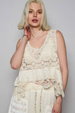 Round neck ruffle embroidered eyelet crochet top: NATURAL / Os
