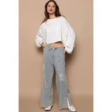 Distressed waist strape stripe denim wide pants: STRIPED DENIM / M