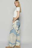 Floral print crochet contrast casual jeans: DENIM / L