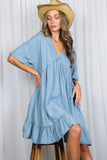 V-Neck 100%Tencel Chambray Tiered Dress VD81038A: Light Denim / S