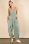 NP70837-Mineral Washed Cotton Gauze Casual Jumpsuit: SAGE / S-M-L/2-2-2