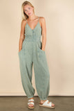 NP70837-Mineral Washed Cotton Gauze Casual Jumpsuit: SAGE / S-M-L/2-2-2
