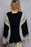 V neck striped pattern pocket detail chenille hoodie sweater: ALMOND / S
