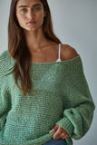 W1106 | Sweater Knit Crochet Round Neck Long Sleeve Top: Jade Green / Large