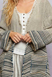 V-Neck Solid Stripe Linen Long Sleeve Cardigan: NATURAL MULTI / S