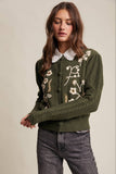 Floral Embroidered Puff Sleeve Cardigan: Dark Olive / M