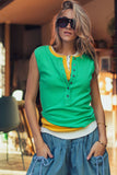 Raw Edge Ribbed Henley Tank: MINT / S-M-L:2-2-2