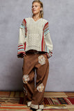 V neck striped pattern pocket detail chenille hoodie sweater: ALMOND / M