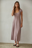 RJ3520 | Knit Buttondown Scoop Neck Short Sleeve Maxi Dress: Light Plum / L