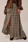 Woven Plaid Button-Front Ruffle-Hem Drawstring Maxi Skirt: Chocolate / S